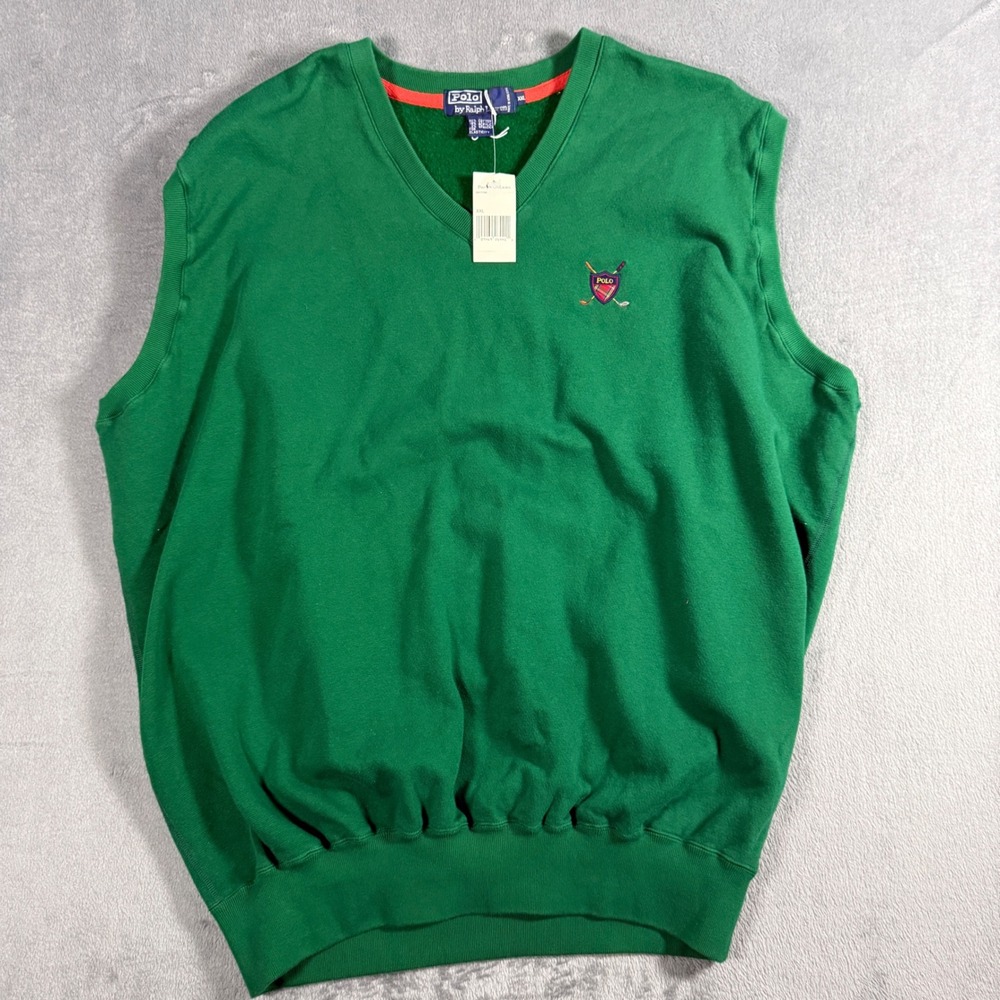 Vintage Polo Ralph Lauren Sweatshirt Vest XXL Green Golf Crest NWT 90s V-Neck